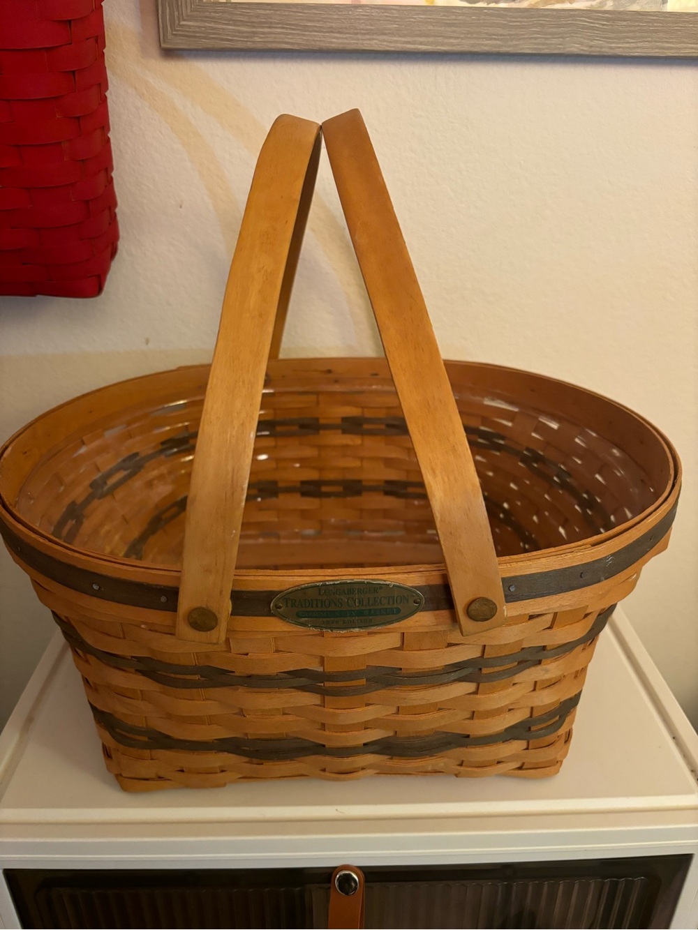 Vintage Longaberger 1996 Community Basket with Green Accents, Plastic Protector